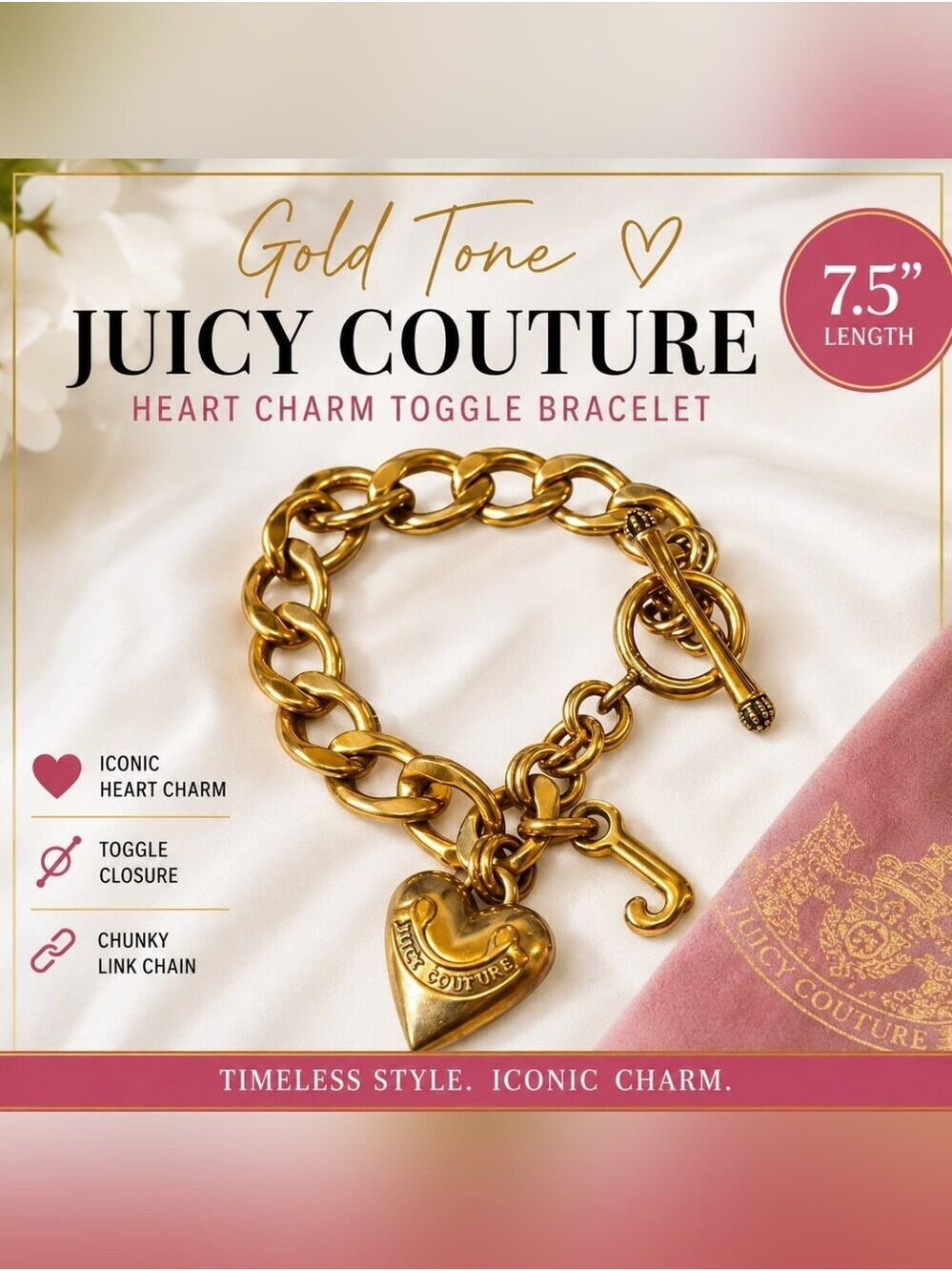 Y2K Juicy Couture Gold Tone Heart Charm Toggle Bracelet 7.5" Chunky Chain